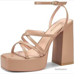 Platform Chunky Heels with Square Toe and Ankle Strap